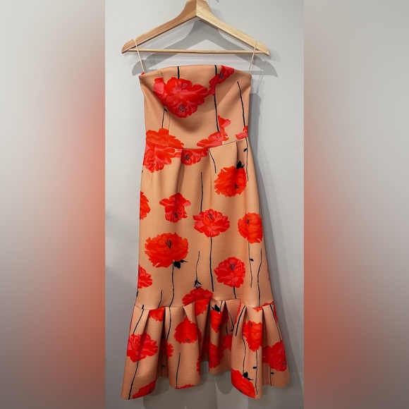 ASOS DESIGN Poppy Printed Bandeau Midi Dress with Ruffle Pep Hem - Picture 3 of 12